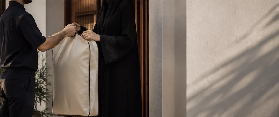 مندوب مغاسل العز يسلّم طلبًا مغلّفًا أمام باب المنزل